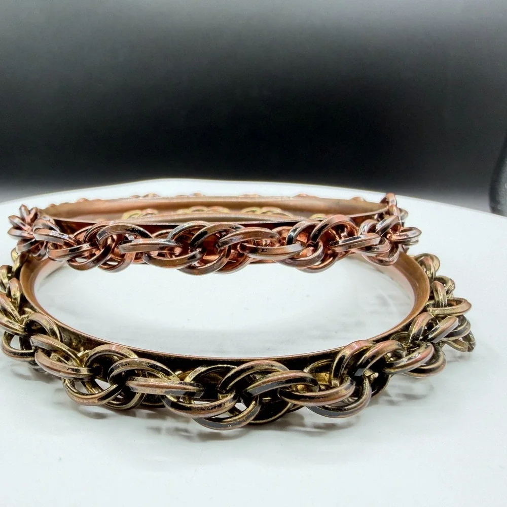 Pair Copper & Brass Tone Chain Link Bangle Bracelet Boho Stack Statement Jewelry